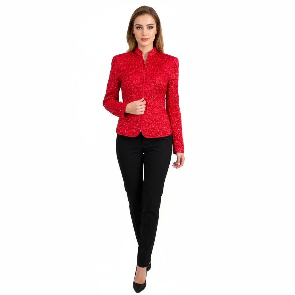 Scarlett Nite‎ Jacket Women's Red Popcorn Sequin Full Zip Glam Party